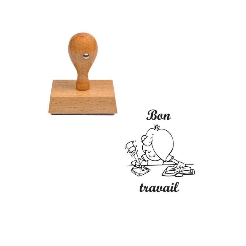 Tampon enseignant bon travail avec élève en bois n°61 — vue 1