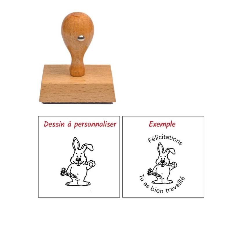 Tampon enseignant bon travail lapin carotte en bois à personnaliser n°87 — vue 1