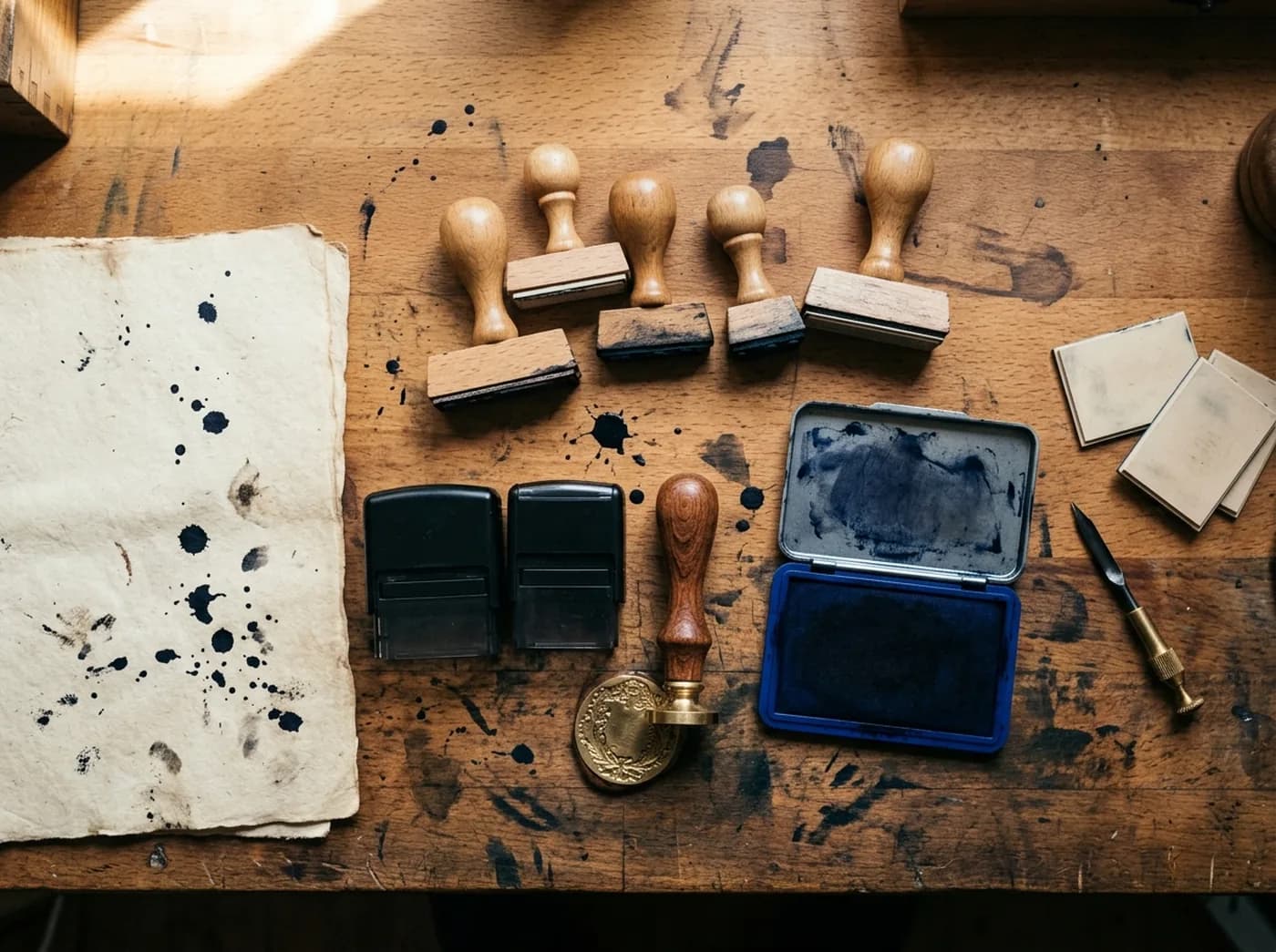 Établi de l'atelier Estampille Directe à Vienne : tampons bois, tampons automatiques, sceau en laiton, encreur et taches d'encre