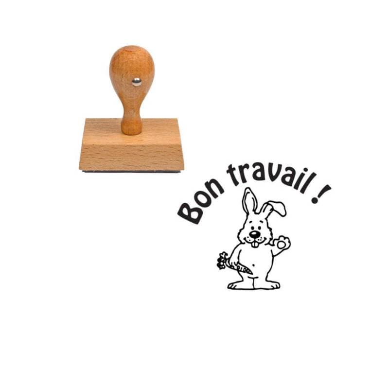 Tampon enseignant bon travail lapin carotte en bois n°87 — vue 1